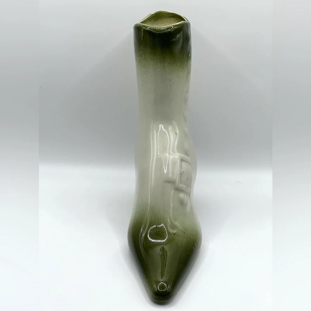 Victorian Style Ceramic Boot Green/White Planter Pottery Decorative Vase 7.5